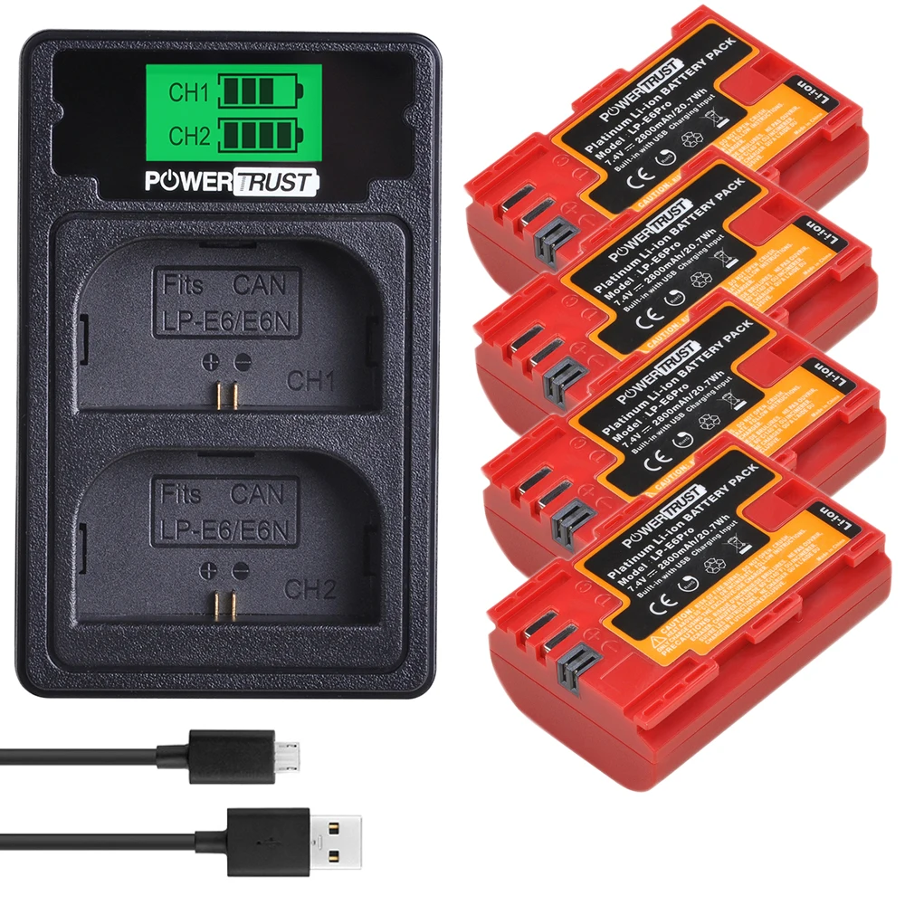

LP-E6 LP E6 2800mAh 7.4V LPE6 LP-E6N Battery Bulit-in USB and Charger for Canon 5D Mark II III IV 5DS 5DS R EOS 6D 70D 80D