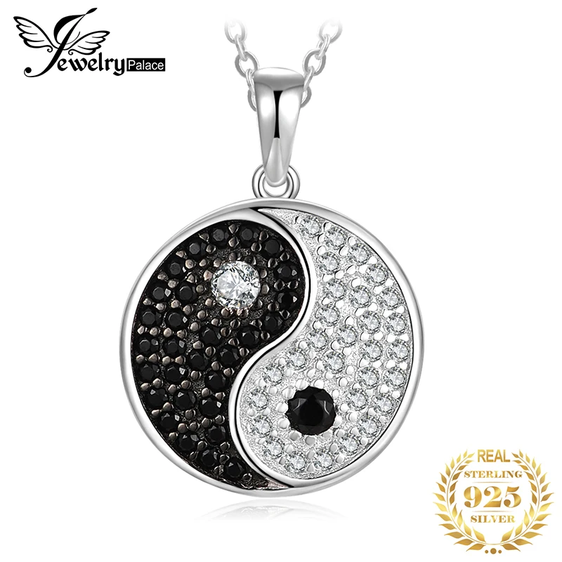 

JPalace Taiji Natural Black Spinel Pendant Necklace 925 Sterling Silver Gemstones Choker Statement Necklace Women No Chain