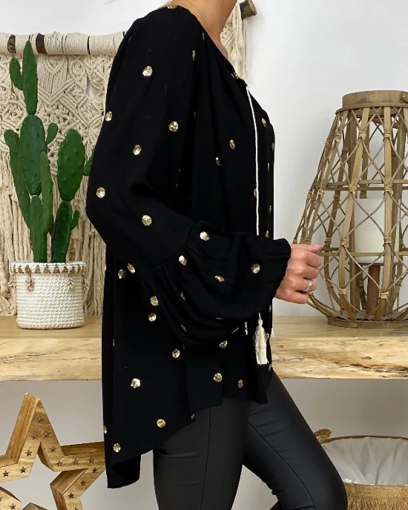 

Trendy Women Elegant Loose Fit Casual Plus sizeBlouse Female Stylish Polkadot Tassel Design Puff Sleeve Casual 3XL Oversize Top