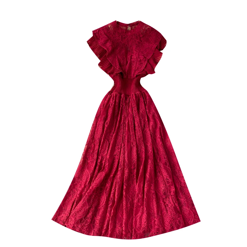 

Summer 2021 Temperament Fashion Vestidos Women's French Elegant Pleated Ruffled Waist and Thin Temperament Lace Midi Dress C416