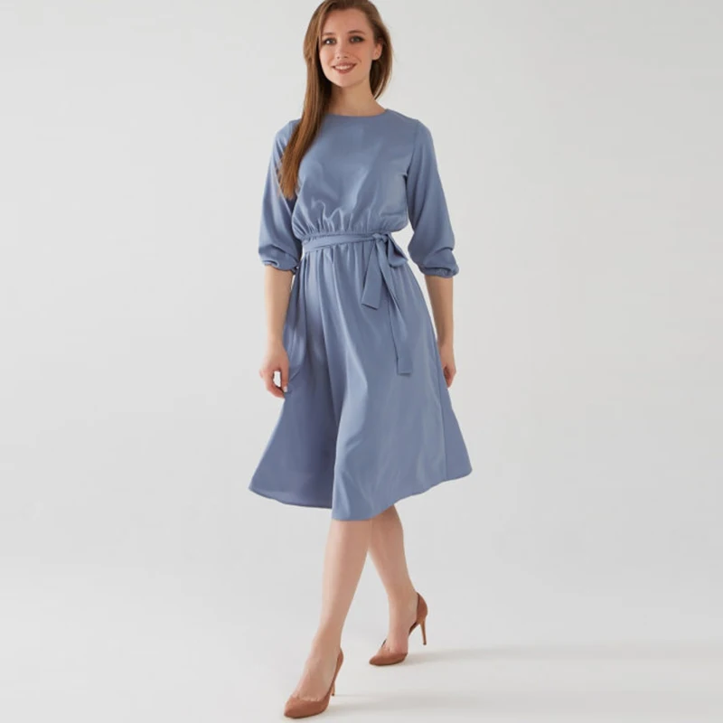 

Women Casual Midi Dress Elastic Waist Round Neck Half Sleeve Solid Color A-Line Knee-Length Dress Sashes Casual Office Lady 2021