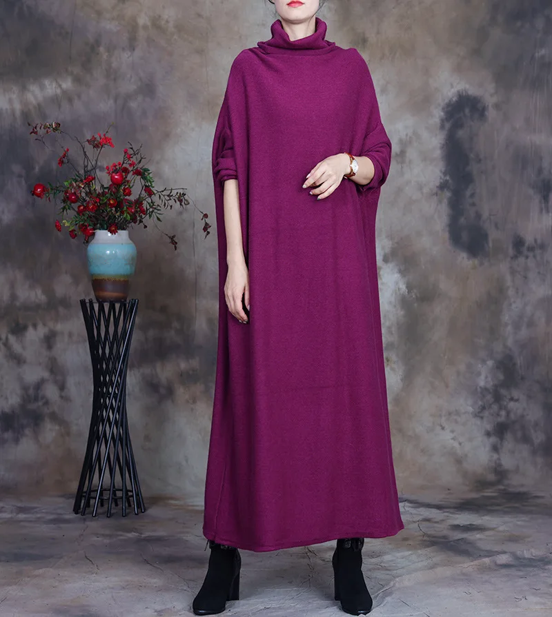 

SuperAen 2021 Autumn New Solid Simple Warm Bottomed Plus Size Loose Turtleneck A-LINE Dresses for Women