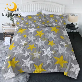 BlessLiving Stars Summer Quilt Yellow White Grey Comforter Set Graffiti Bedclothes Modern Home Textile Cozy Couette De Lit 3PCS 1