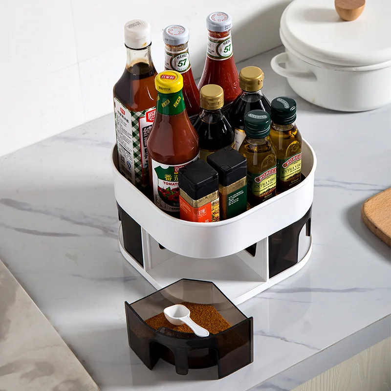 

Rotatable Spice Rack Seasoning Rack Sugar Salt Shaker Seasoning Container Double Layer Storage Shelf Kitchen Supplies Organizer