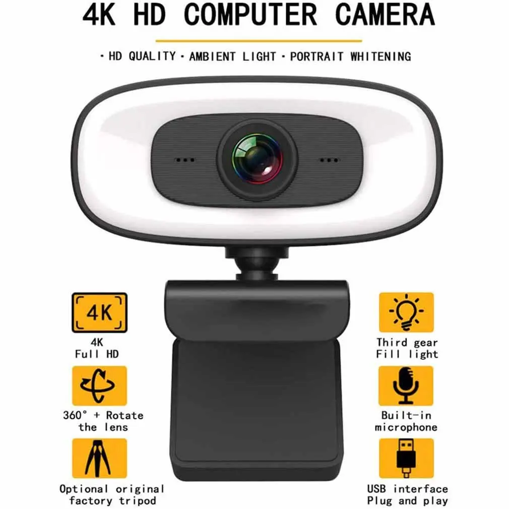 

Webcam 2K Auto Focus USB Full HD Ring Light Web Camera with Noise-reducing Stereo Mic for Mac Laptop PC Video Live Streaming