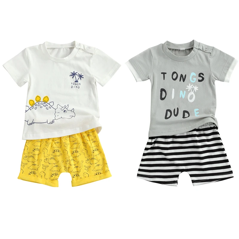 

2021-03-16 Lioraitiin 2Pcs Set 0-24M Newborn Baby Boy Summer Clothing Short Sleeve Animal Printed Top Shirt Striped Shorts