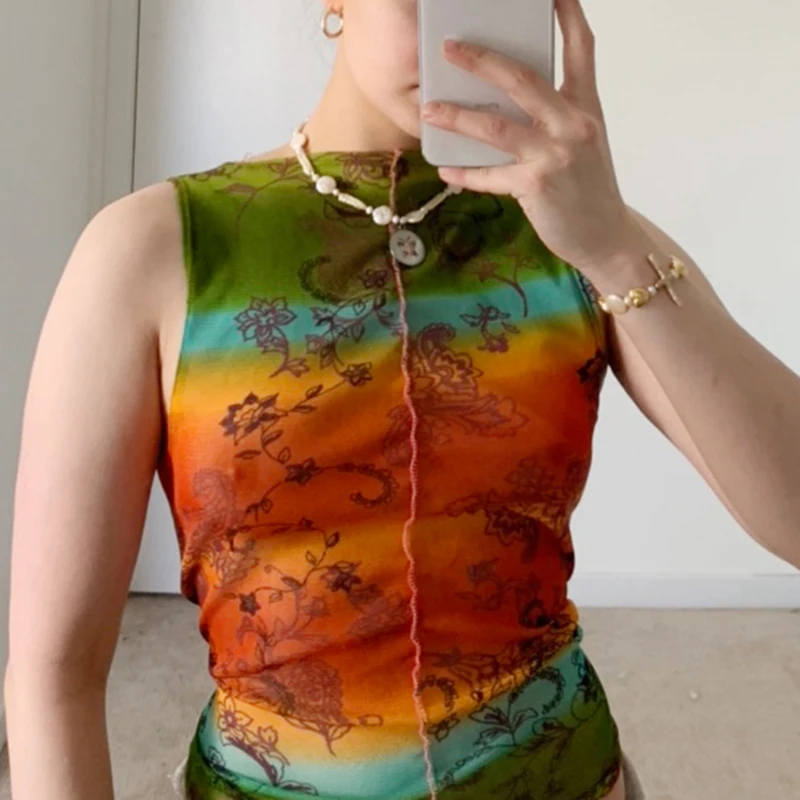 

Tie Dye Print Patchwork Mesh Tank Top Vintage Aesthetic Baby Tee Y2K Fashion O Neck Sleeveless Streetwear Female Tops 2021 New