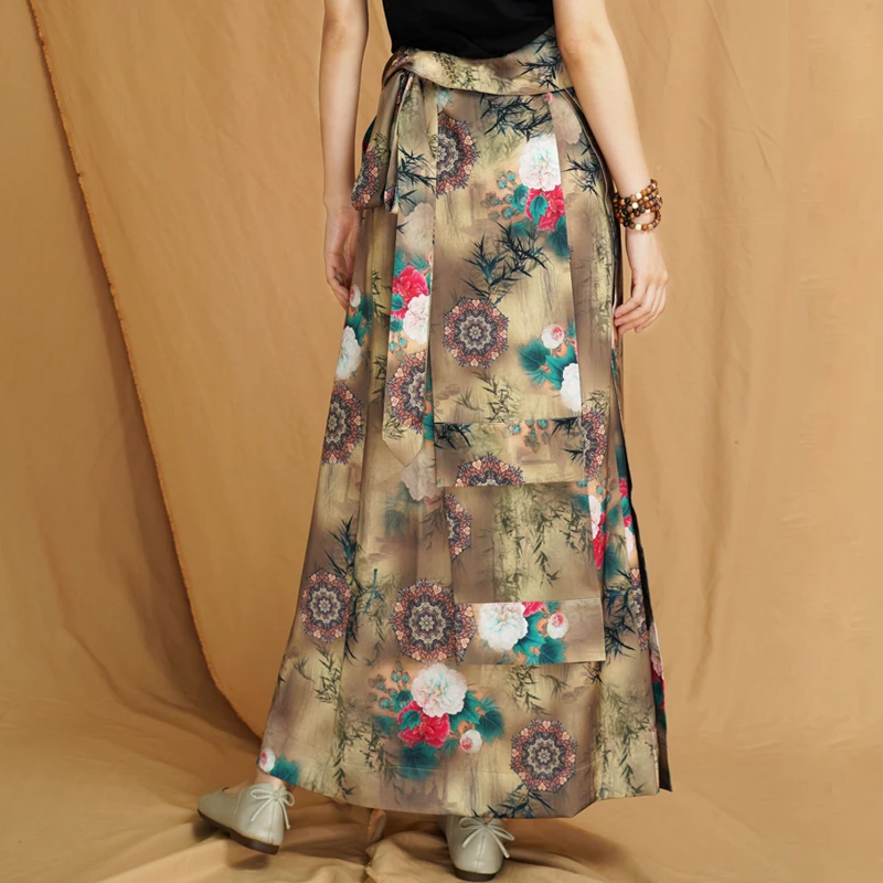 

COIGARSAM Women Skirt Summer 2021 National Wind Vintage Print High Waist Khaki Skirts