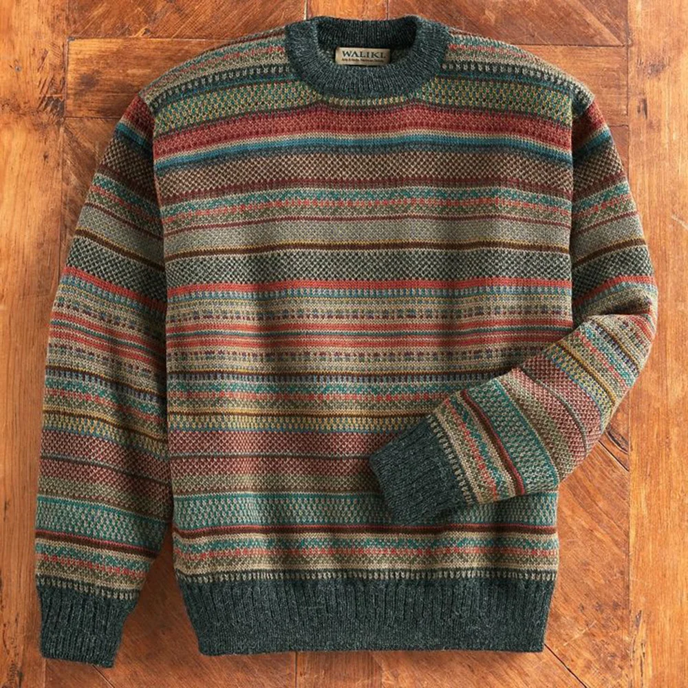 Sweater For Men Autumn Winter Striped Knitted Tops Long Sleeve Retro Casual Loose Pullover Jumpers Men's Warm Sweaters Knitwear winter men casual warm slim sweater knitted striped long sleeve patchwork pullover male elastic solid sexy spring basic tops