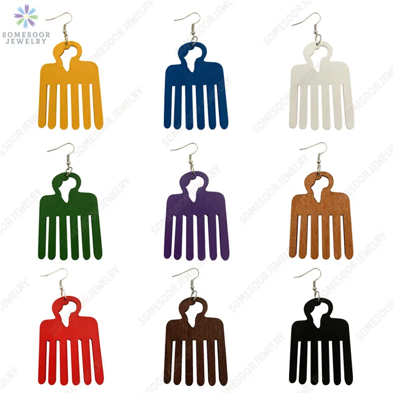 SOMESOOR красочные афро гребень деревянные висячие серьги с Африканской картой