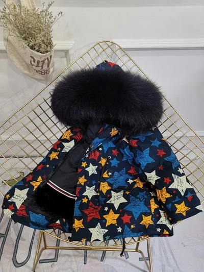 Star Black Fur Children Winter Jacket Graffiti Boys Girls Real Fur Coat Thick Warm Rabbit Fur Kids Jacket Coat Furry Natural Fur Collar TZ428 - Цвет: Star Black Fur