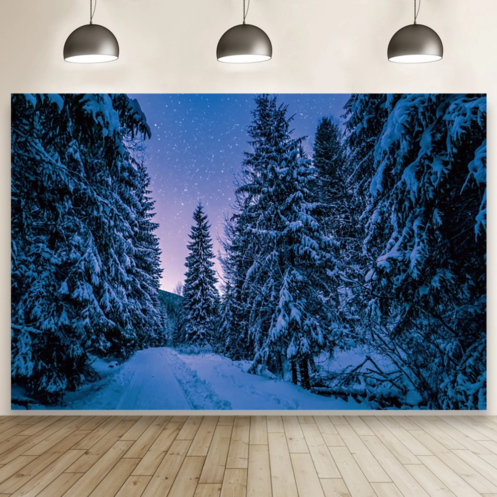 

Laeacco Winter Night Starry Sky Snow Forest Christmas Room Decor Backdrop Photographic Photo Background For Photo Studio