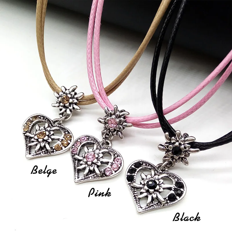 

New Vintage Silver Edelweiss Flower Austria Charm Pendant Multicolor Rhinestone Leather Chain Necklace Jewelry Wholesale