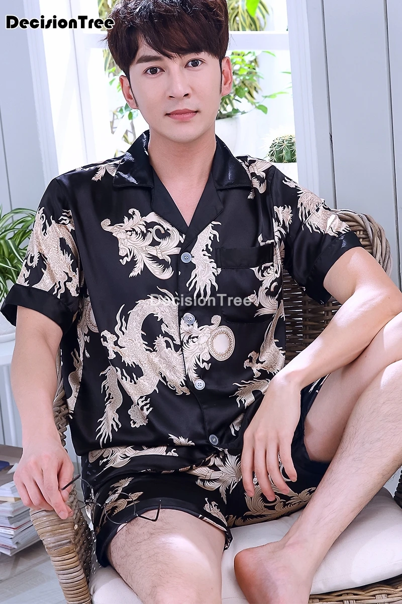 

2021 silk men pyjama set satin men pajama suit short sleeve pajama male sleepwear dragon print man nightgown sleep