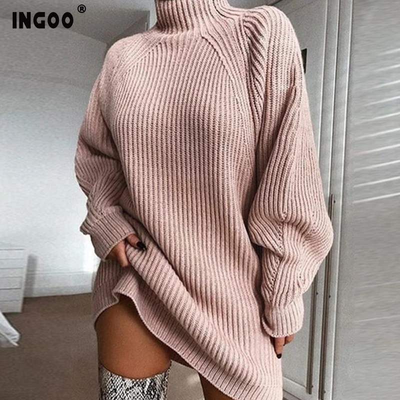 Женское трикотажное платье INGOO Осеннее свитер с длинным рукавом и высоким