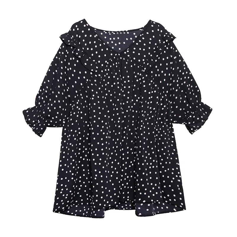 

Light ripe snow blouse for women 2021 summer short sleeve large size loose and slim foreign style V-neck polka point wooden ear