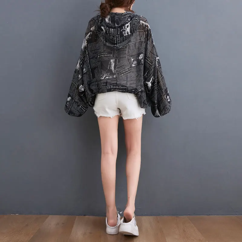 

Plus Size Summer Thin Hoodies Women Sweatshirts Oversize Zip Up Newspaper Print Chiffon Cardigan Jacket Female Blouse Shirts 6XL