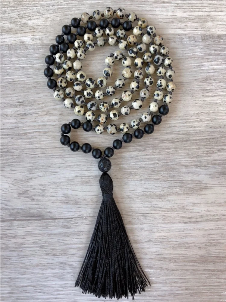 

108 Mala Bead Necklace Matte Black Onyx Dalmation Spot Hand-Knotted Tassel Men's Prayer Yoga Meditation Semi-Precious Jewelry