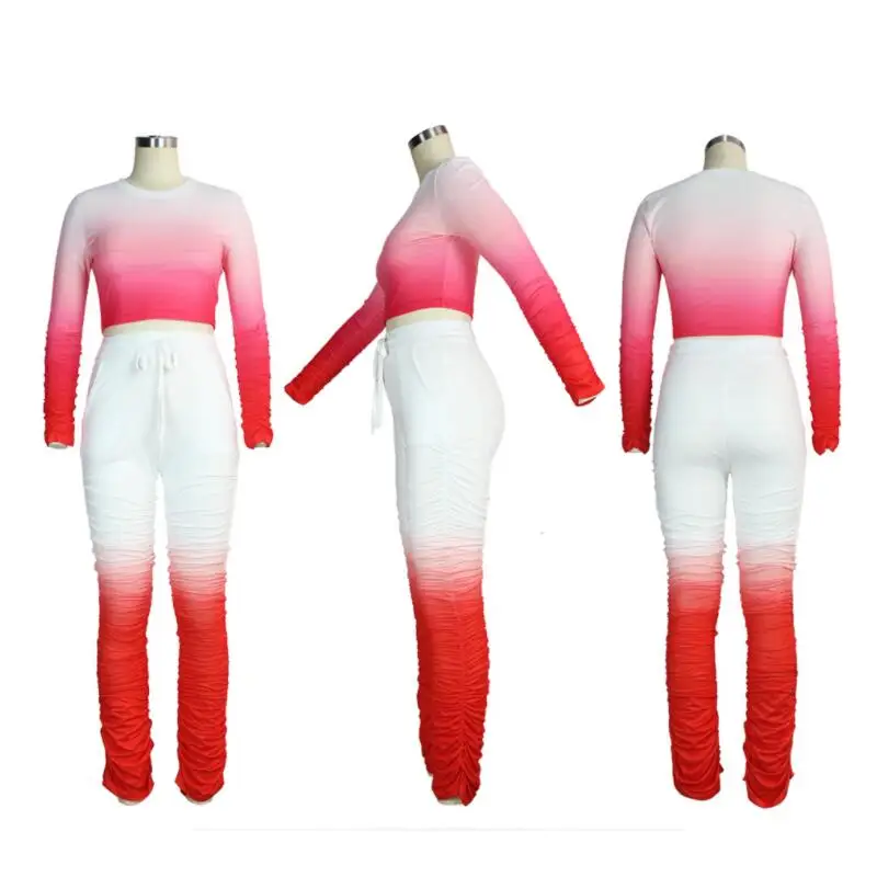 

Women Gradient Color Print Bodycon Long Sleeves Top Tracksuit Long Pleated Pants Suit Fitness Workout Outfits