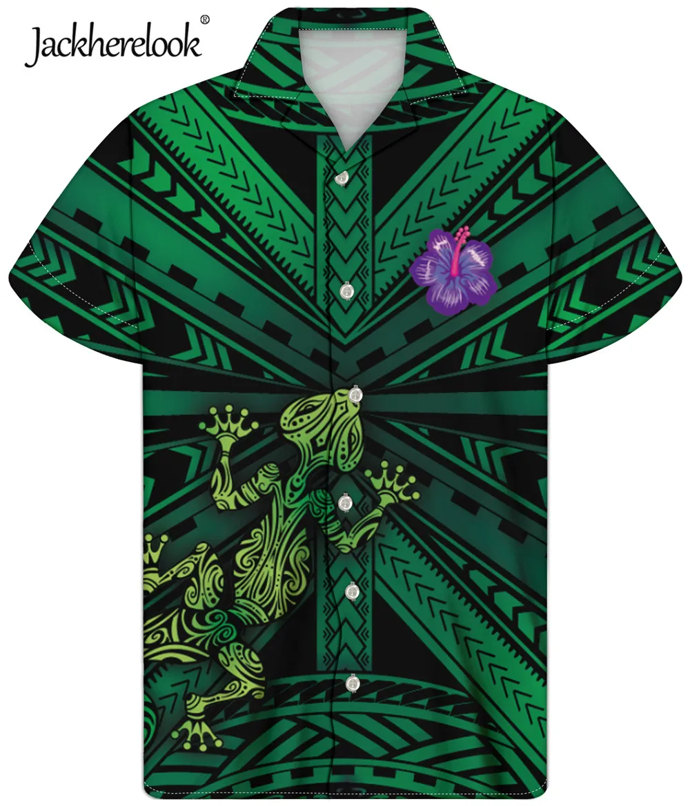 

Jackherelook Plus Size Short Sleeve Shirt Green Hawaiian Samoan Polynesian Tribal Gecko Print Summer Hawaiian Men Shirts Tops