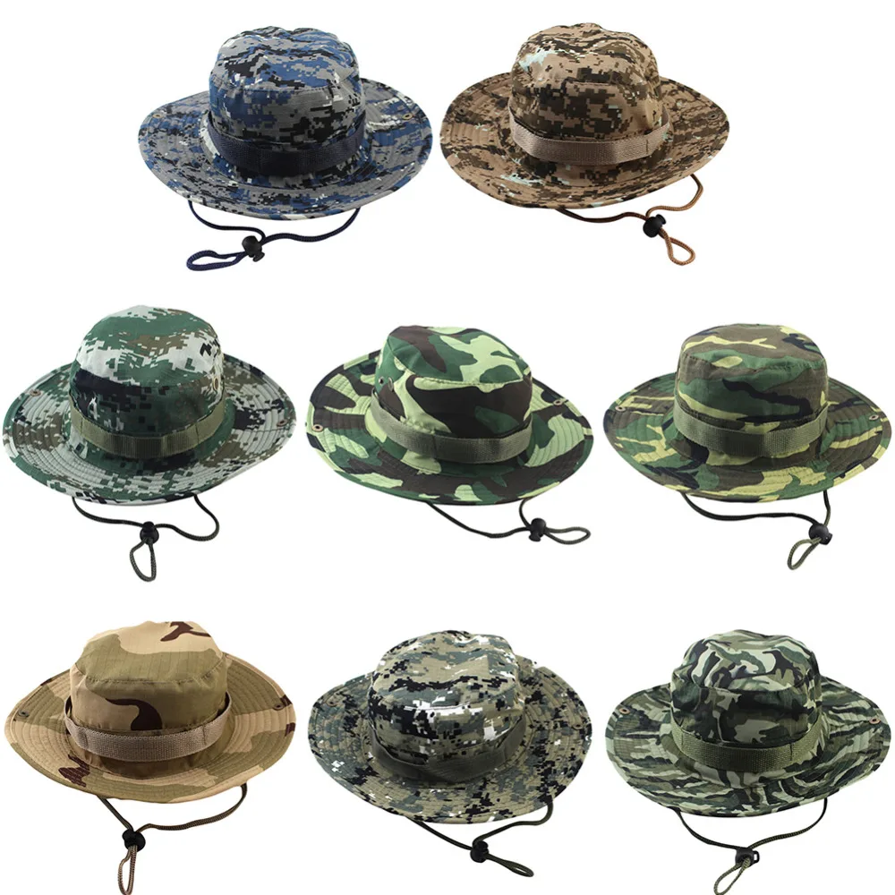 

Fashion Military Camouflage Bucket Hats Jungle Camo Fisherman Hat with Wide Brim Sun Fishing Bucket Hat Camping Caps cotton caps