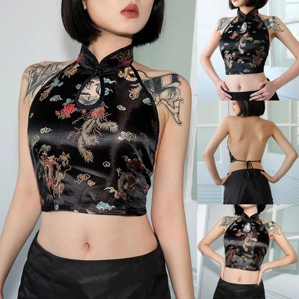 Женский Готический топ с вышивкой укороченный оранжевый принтом в виде дракона