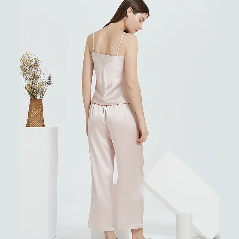 Sexy 2PCS Pajamas Suit Female 100% Silk V-neck Suspender Tops&pants Pijamas Loose Sleeveless Sleep Set Casual Home Clothing
