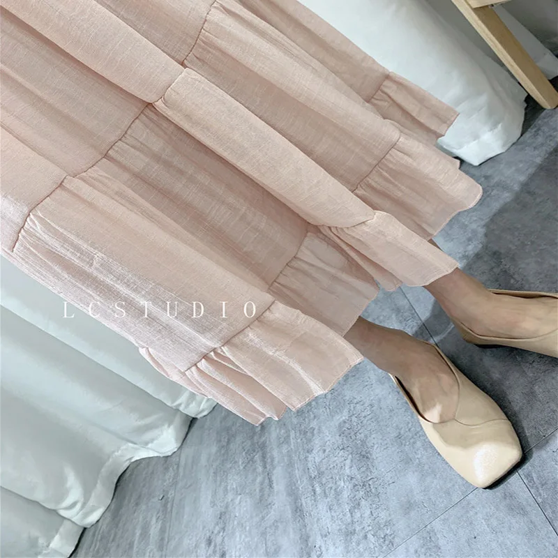 

Spring Summer Thin Cotton Linen Skirt Women Sweet High Waist Aline Skirts Female Pink Beige Party Cake Skirt