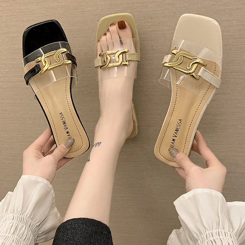 

Slippers Casual Female Shoes Square heel Slides Med Transparent Heel Heeled Mules Loafers Luxury 2021 Block Summer High Rome Rub