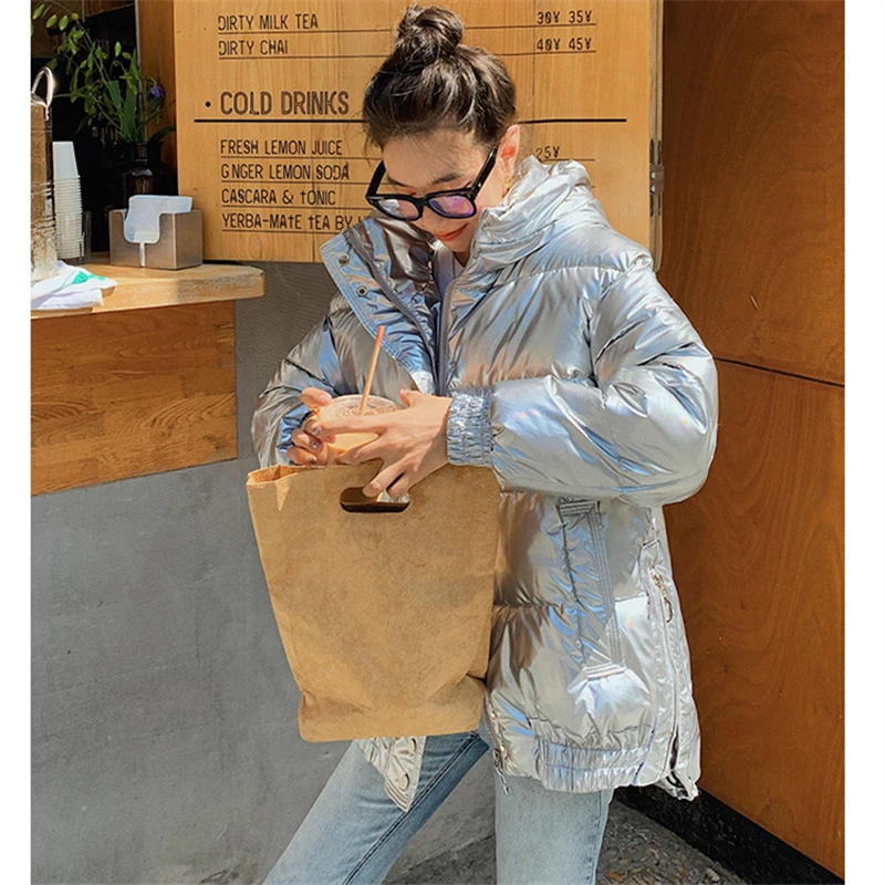 

Glossy Hooded Down Jackets Women Winter Casual Loose Cold-proof Cotton Coats Female Fashion Warm Paddded Overcoat 2020