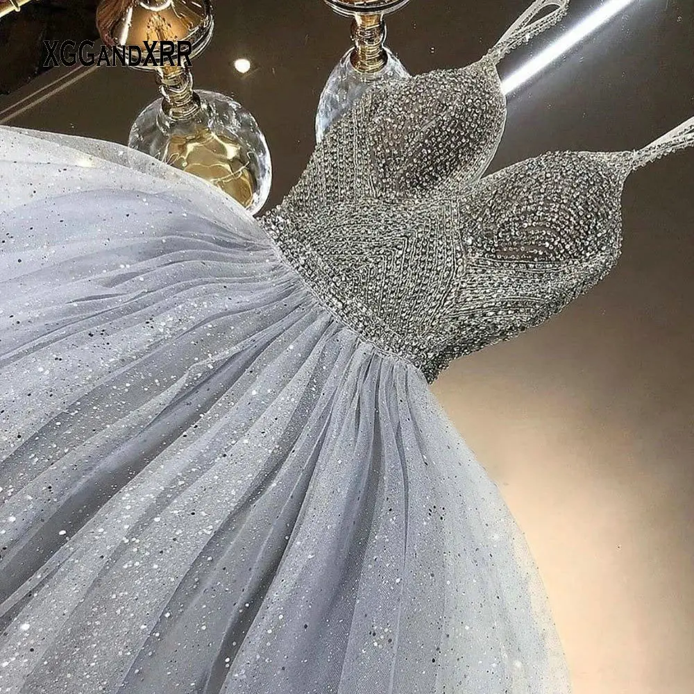 

Luxury Floor Length Gray Prom Dress 2020 Beading Top Sweetheart Spaghetti Backless Sparkling Long Evening Party Gown Plus Size