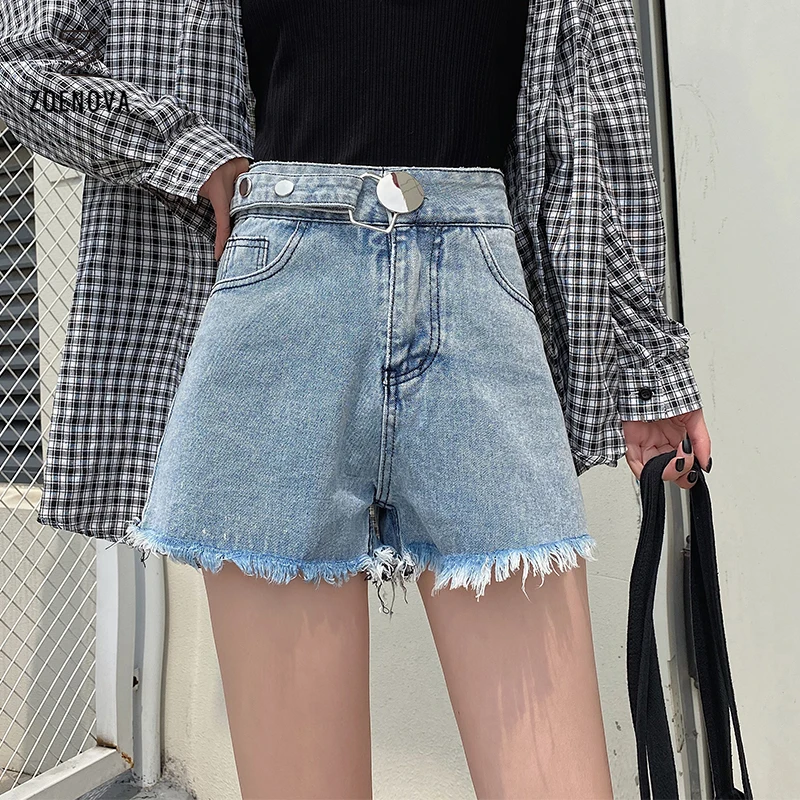 Short en Denim à taille ajustable et bord déchiré pour femme, tissu doux, Sexy, couleur unie, décontracté, tendance, Ins, tout-assorti, été