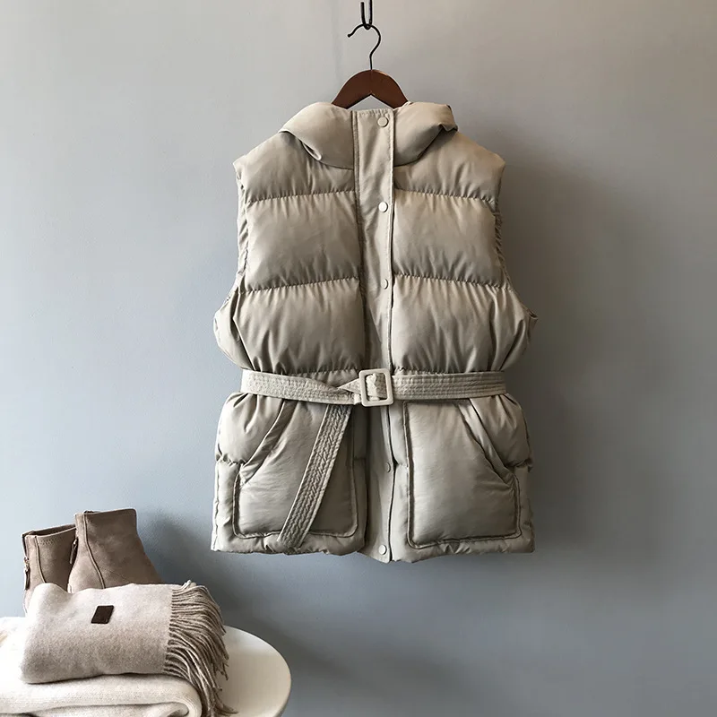HXJJP женский жилет зимняя куртка карманное пальто с капюшоном теплый повседневный жилет из хлопка, с подкладкой Женский Тонкий жилет без рукавов ремень