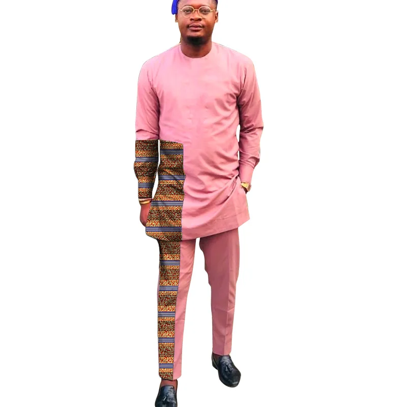 Baby Pink Cotton Men's Patchwork Shirts+Solid Trousers Nigerian Style Pant Sets Custom African Fashion Outfit For Wedding