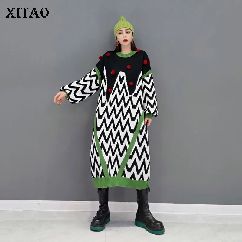 

XITAO, винтажное вязаное платье в полоску, зимнее, новое, базовое платье, свободное, модное, повседневное, контрастный цвет, пуловер для женщин, ...