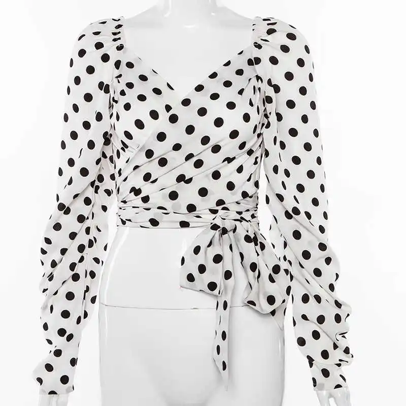 

Hot Autumn Retro Polka Dot Blouse Long Sleeve Short Shirts Lady Vintage Lace Up V neck Chic Blouses Shirt High Street Woman