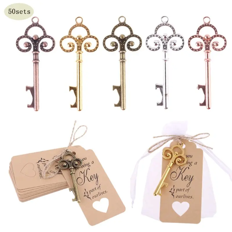 

50x Vintage Key Bottle Opener with Tag Card Bag Wedding Party Favors Souvenirs Gifts for Guest
