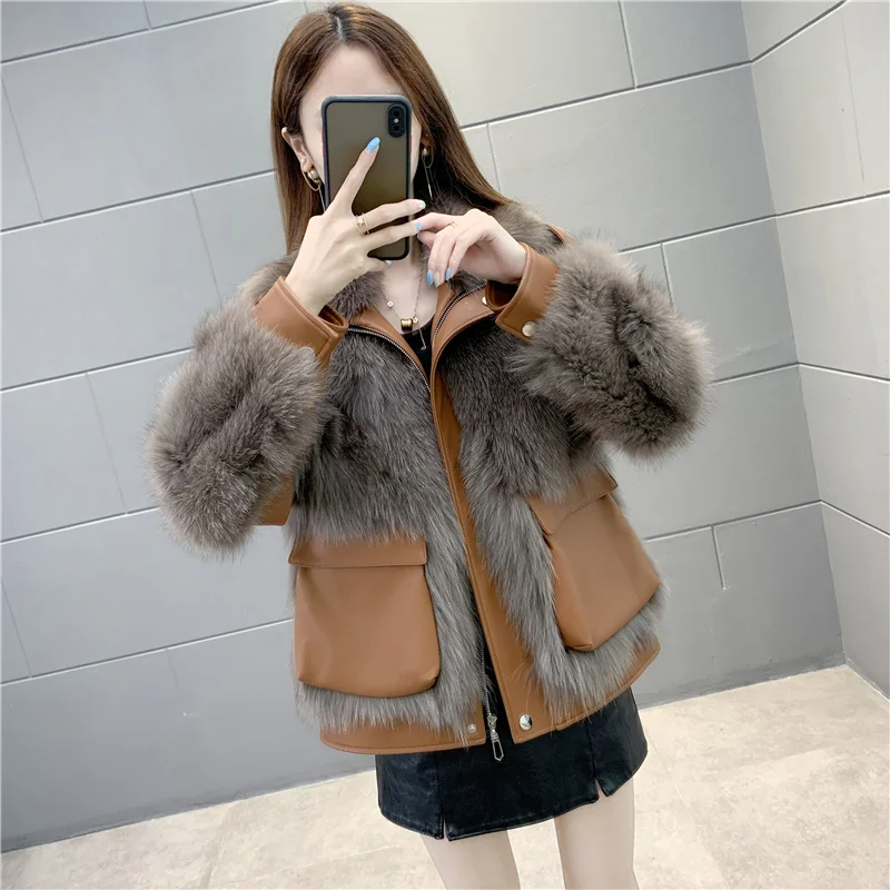 

SHZQ 2021 New Fox Fur Grass Fur Coat Women's Short Fashion Young Leather Fur One-parkerce Winter Coat