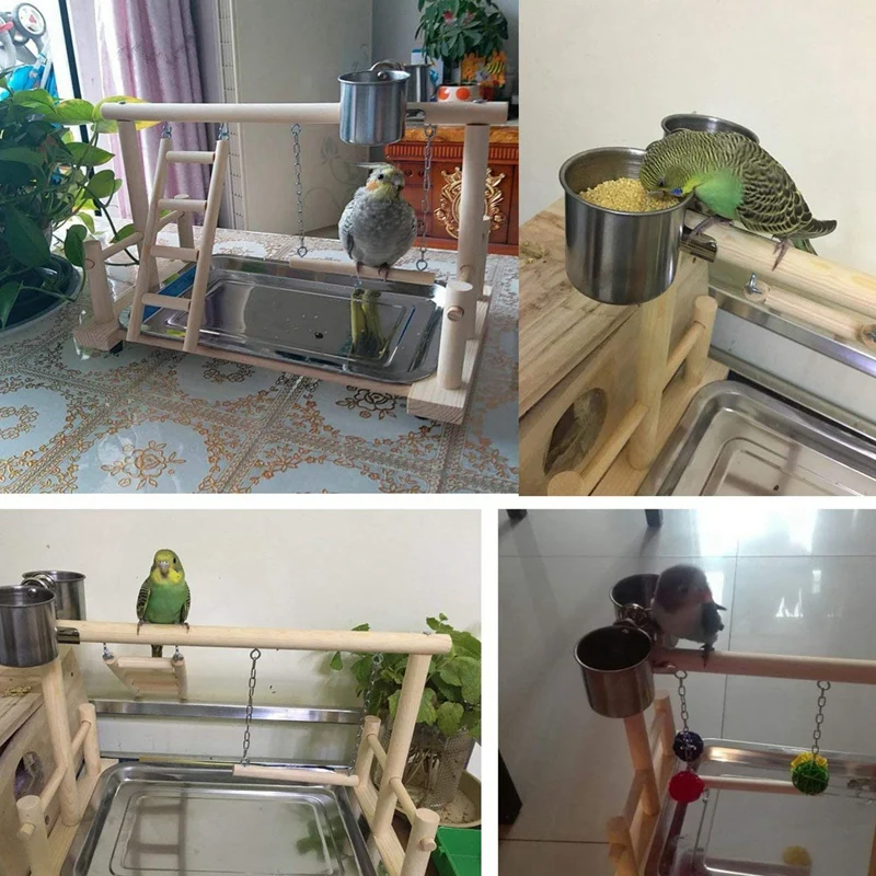 Parrot Playstands with Cup Toys Tray Bird Swing Climbing Hanging Ladder Bridge Wood Cockatiel Playground Perches 53x23x36Cm |