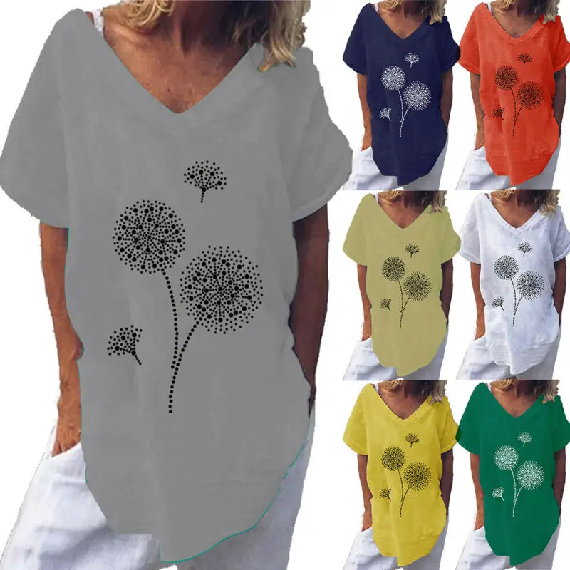 

Womens Summer V-Neck Floral Print T-Shirt Blouse Loose Casual Tops Tee Plus Size
