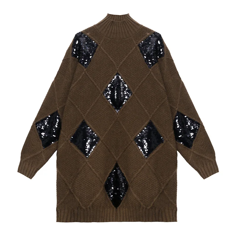 

Vintage Sweaters Plus Size Women Sequins Patchwork Casual Knitwear Long Sleeve Turtleneck Pullovers Knitted Jumper SA094S50