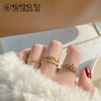 obear 14k real gold korean micro inlaid crown square double layer ring woman elegant temperament wedding jewelry gift