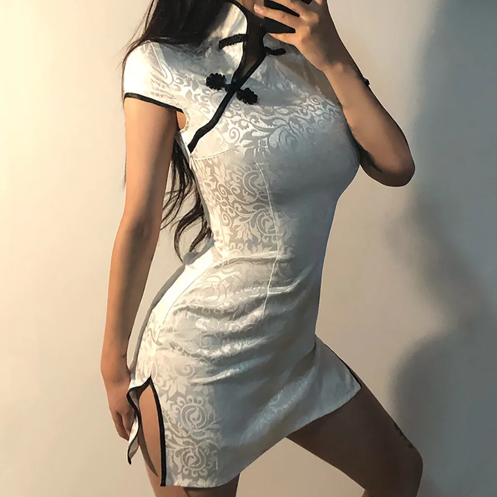 Белое традиционное китайское платье Mujer Vestido женское атласное Ципао мини модное