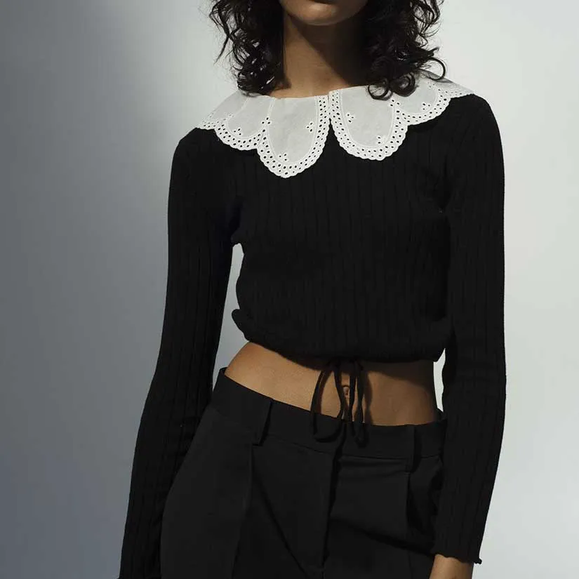 

Fall woman sweaters vintage winter tops knit long sleeve cute sweater korean cropped sweater kawaii pullover peter pan collar