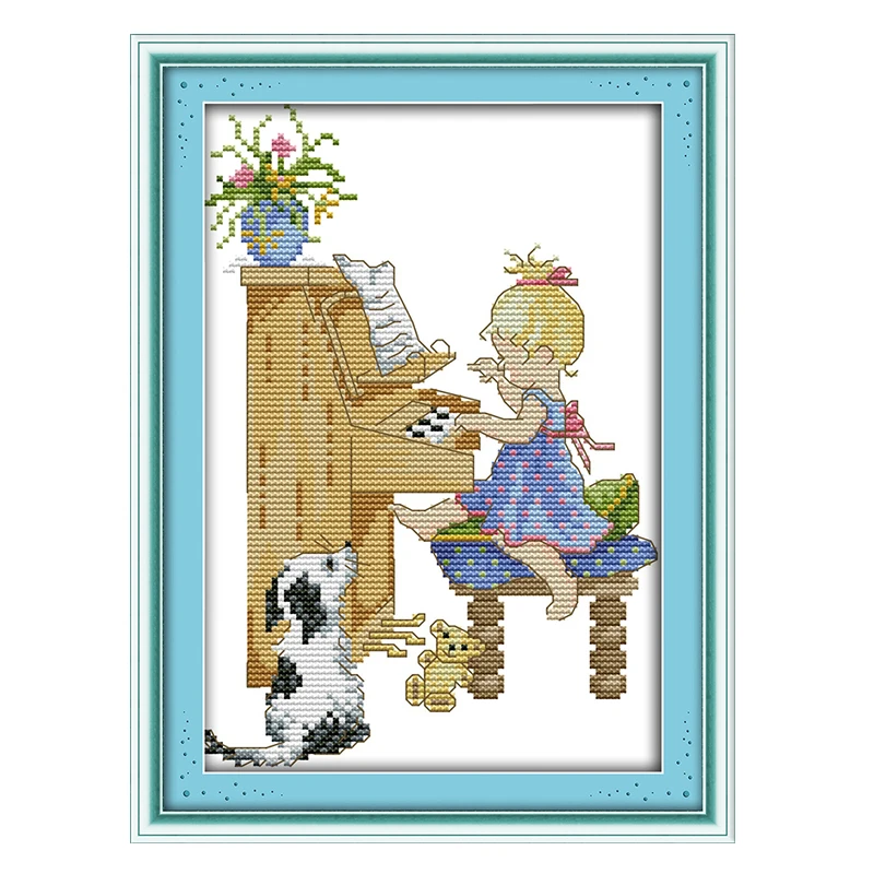 

Joy Sunday маленькая девочка, играющая на пианино, вышивка крестиком 11 и 14CT, ручная вышивка, украшение