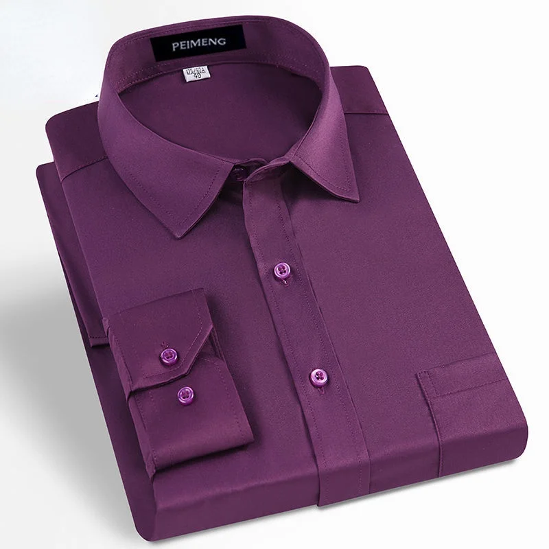 Men's Stretch Dress Shirt Long Sleeve Single Patch Pocket Comfortable - Soft & Smooth Non-iron Standard-fit Classic Cotton Shirt