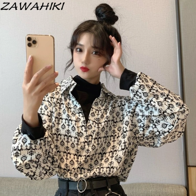 

Необычная женская рубашка zawхитки из двух частей с отложным воротником, Цветочная рубашка с длинным рукавом, контрастные Цветные Лоскутные ...