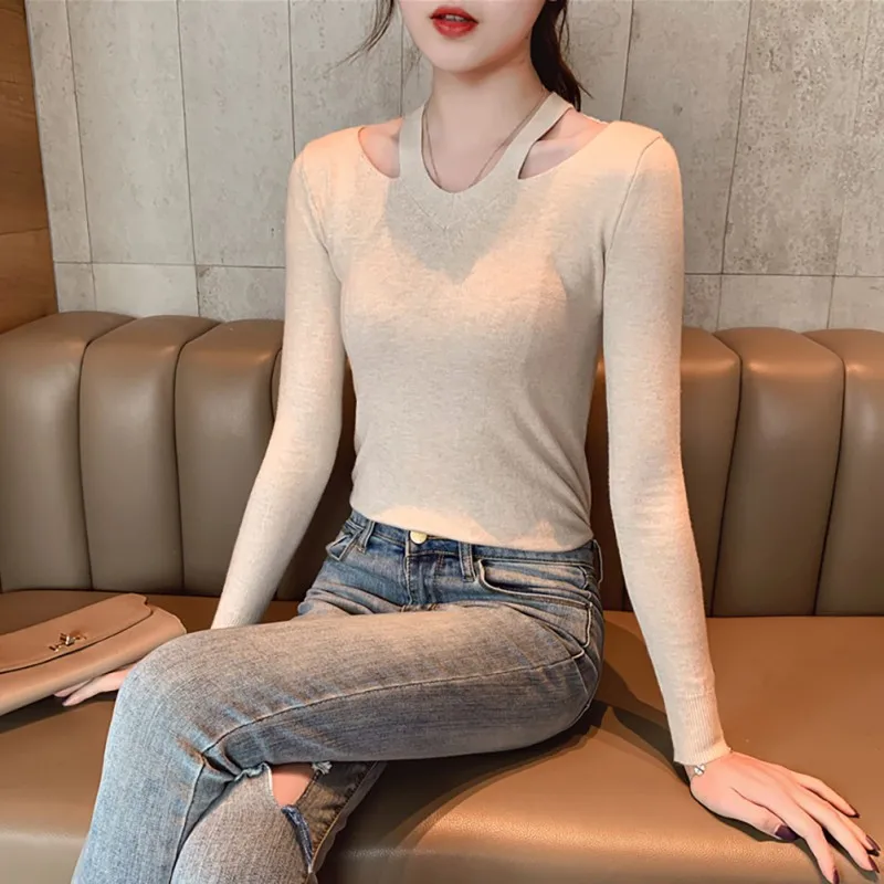 

Retro Elegant Sweater For Women Autumn Winter Solid Color Sexy Long Sleeved Off-shoulder Long Knitwear Slim Pullover Jumpers