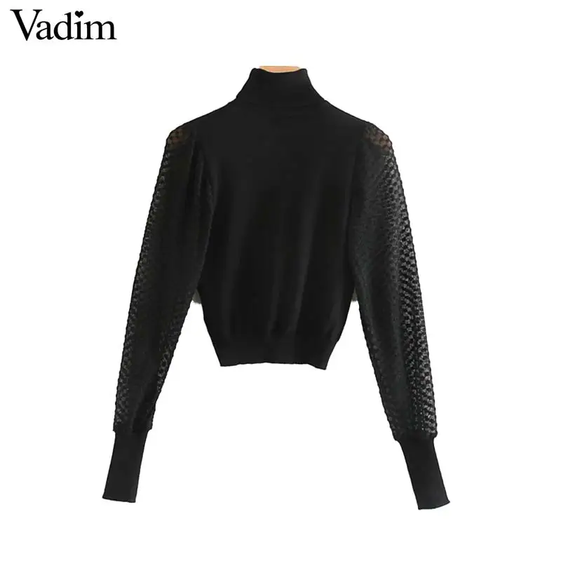 Vadim women sexy patchwork turtleneck knitted crop top transparent long sleeve short sweaters black pullovers tops HA541 |
