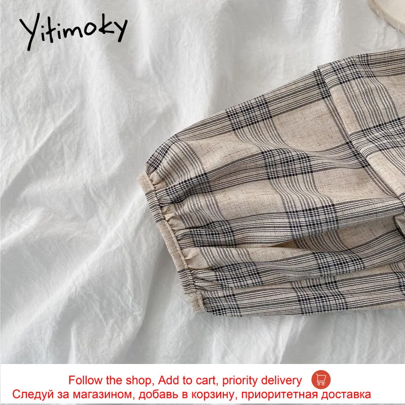 

Yitimoky Plaid Shirt Women Long Sleeve Button Up Shirts Folds Square Collar Casual Apricot Straight 2021 Spring Vintage Style